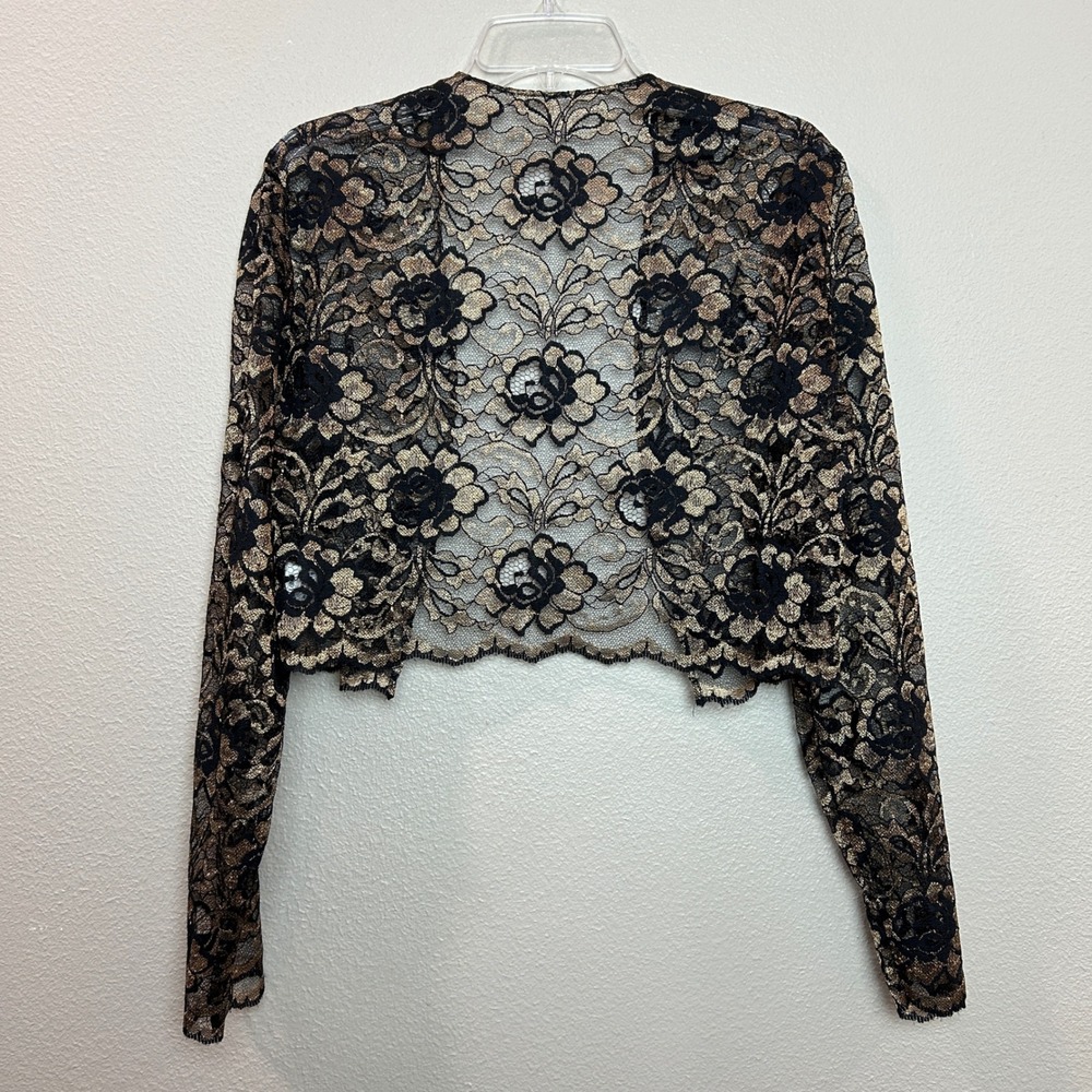 Vintage Lace Bolero Jacket Womens 14 Black Gold Metallic Floral Shrug Sheer Chic - Picture 7 of 15